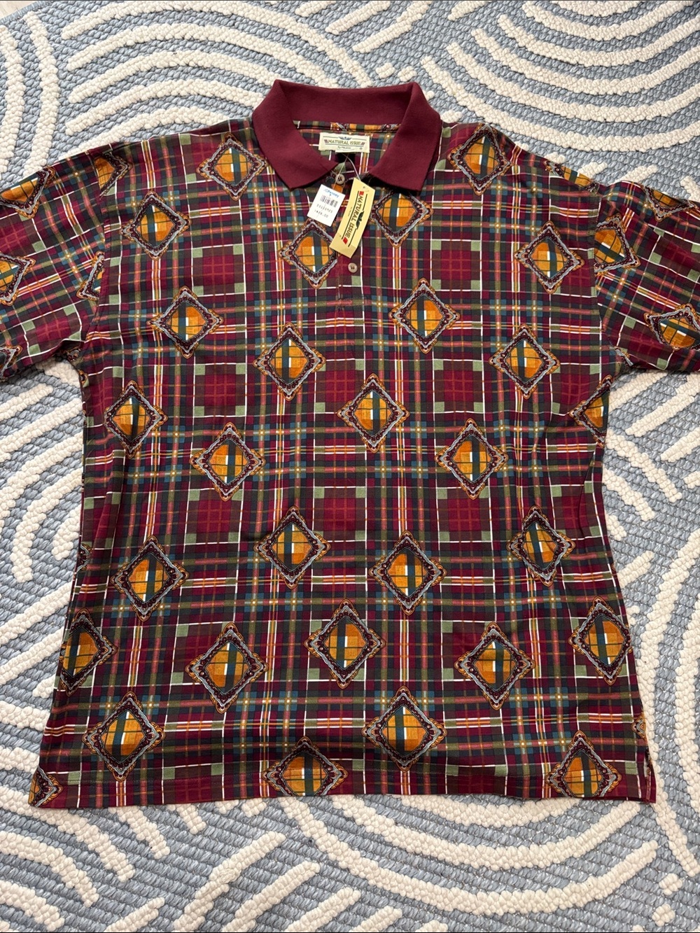 Vintage 90s Natural Issue Plaid Geometric Polo Shirt Deadstock NWT XL